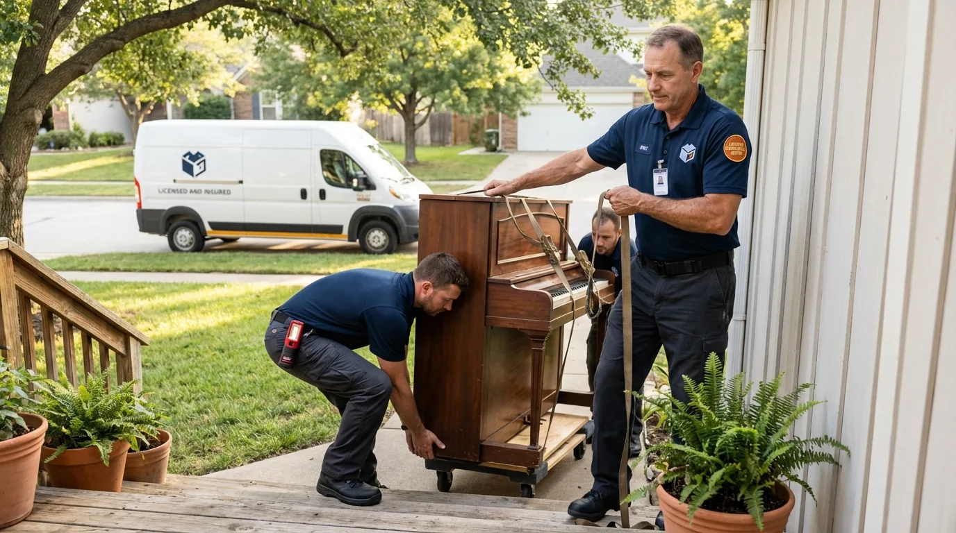 Licensed piano movers securing grand piano in Fort Lee, VA
