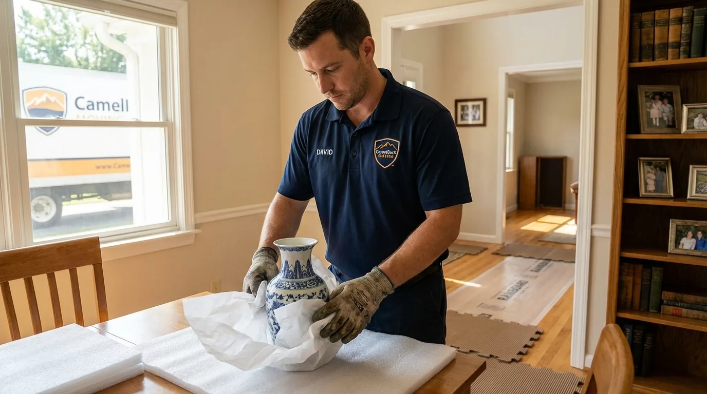 Professional crew carefully wrapping antique vase for senior downsizing move in Fort Lee, VA